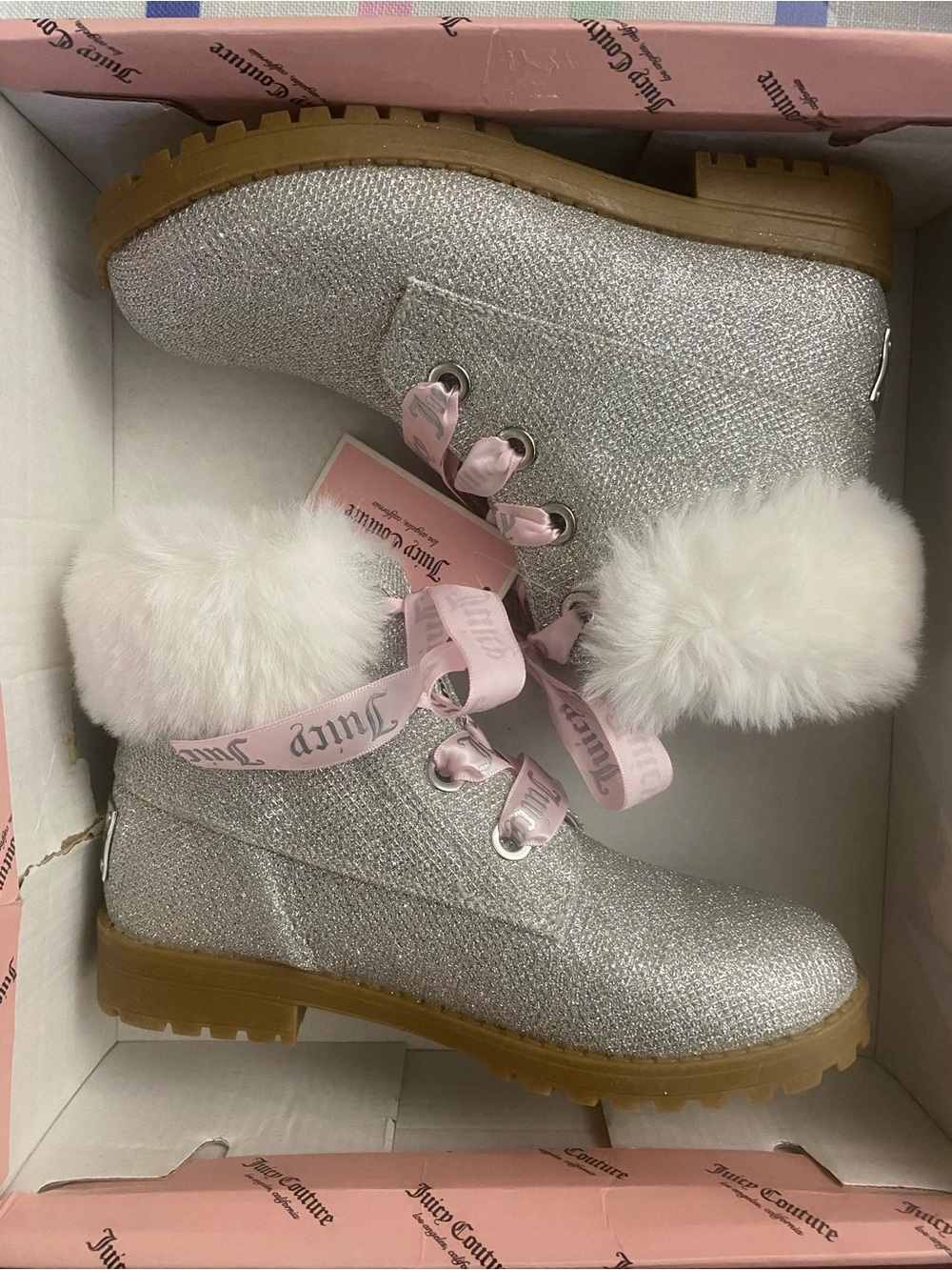 Juicy Couture Silver Glitter Kids Boots with Pink Ribbon & White Soft Faux Fur